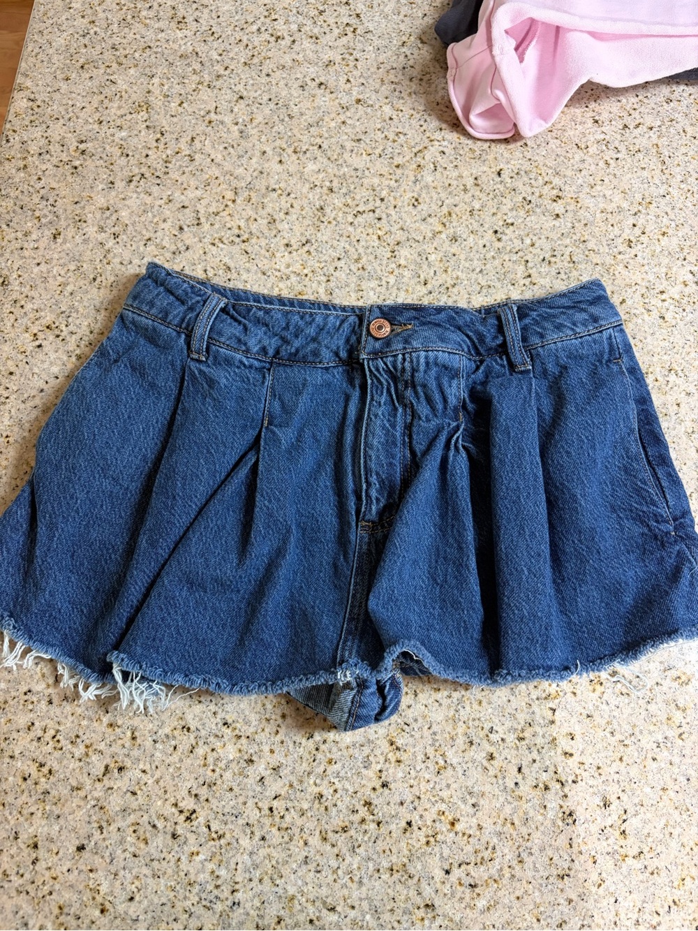 Women's Dark Blue Denim Skirt with shorts- Pleated Frayed Hem